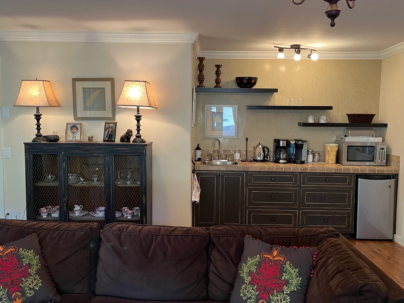 The guest lounge with its half kitchen
